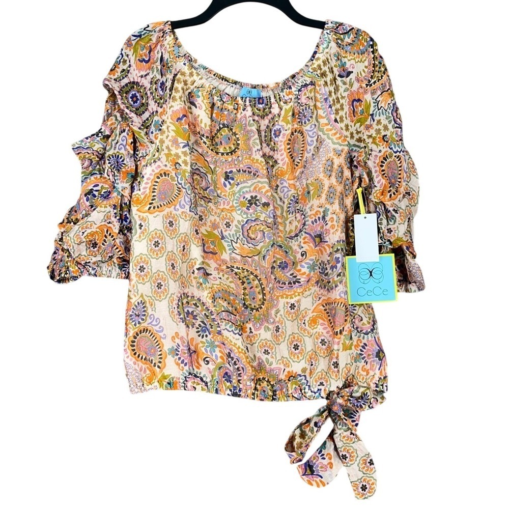 CeCe Paisley Ruffle Sleeve Tie Hem Blouse Pink Olive Blush M Womens